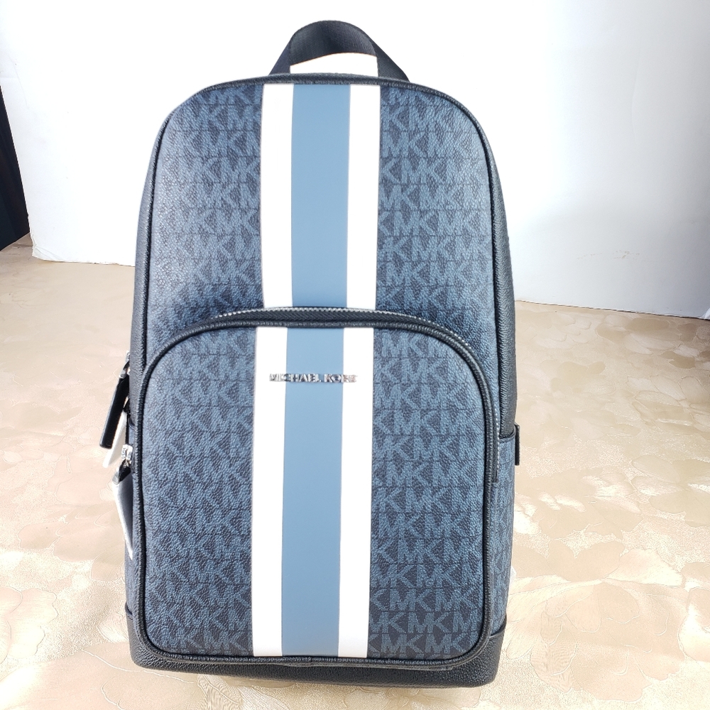 Michael Kors Mens Cooper Admiral Blue Colorblock Logo Stripe Commuter Sling Pack